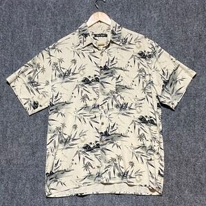 Silk Icon Mens Large 100% Silk Tropical Palm Tree Hawaiian Shirt Cream Black L